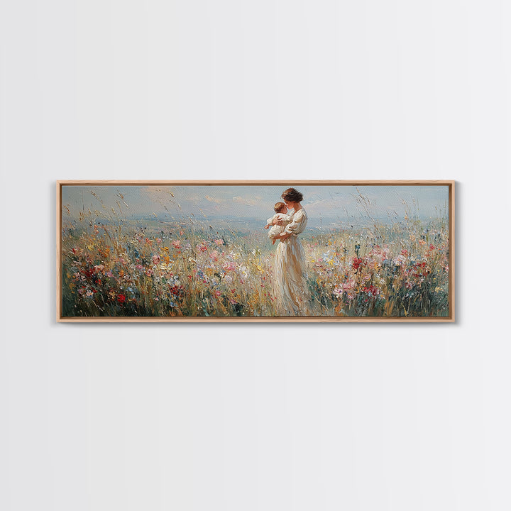Mother And Baby In Wildflower Meadow Wall Art, Panoramic Canvas Print For Nursery Decor, Feminine Bedroom, Gift For Mom Art
