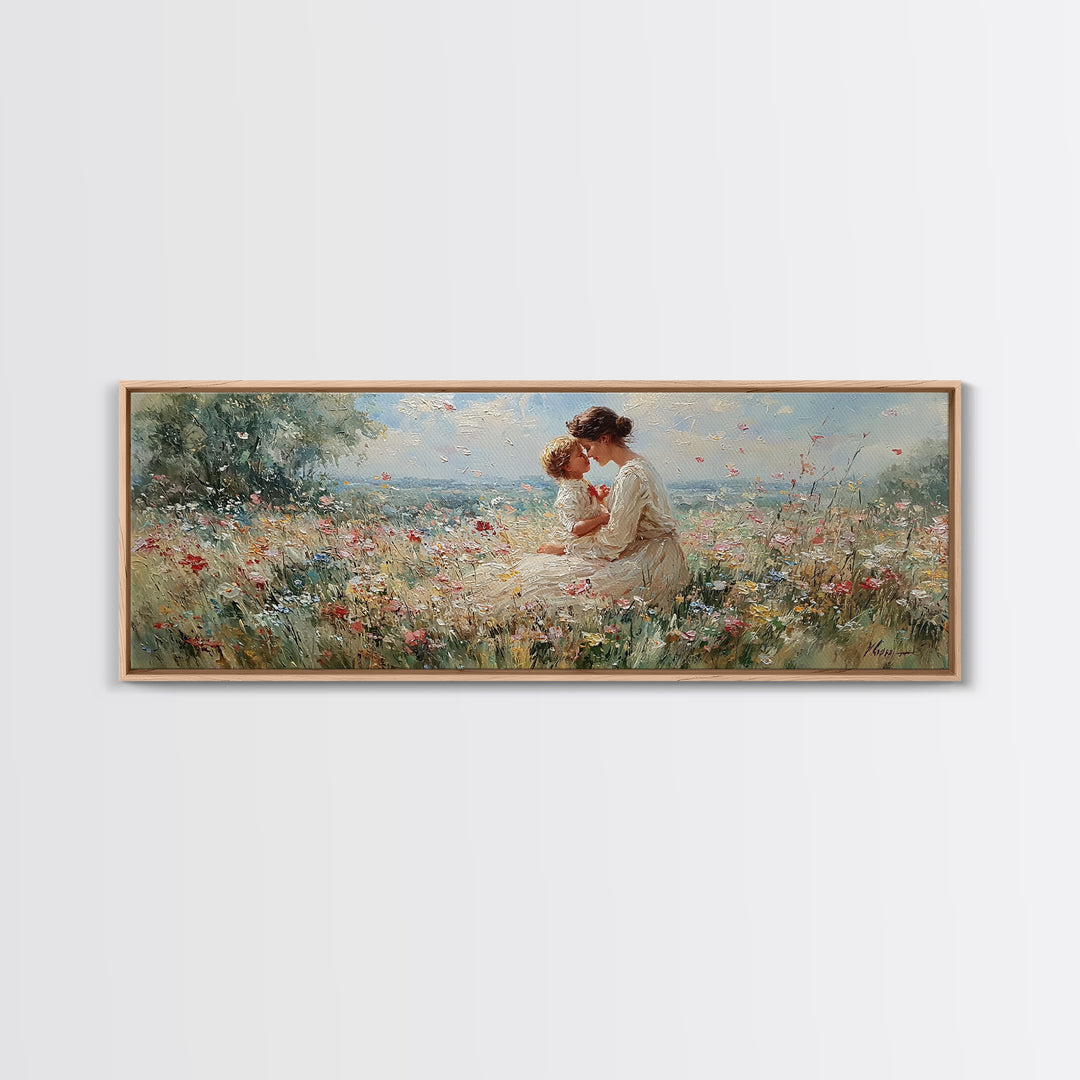 Mother Kissing Child In Butterfly Meadow Wall Art, Panoramic Framed Canvas Print, Floral Nursery Decor, New Mom Gift For Her
