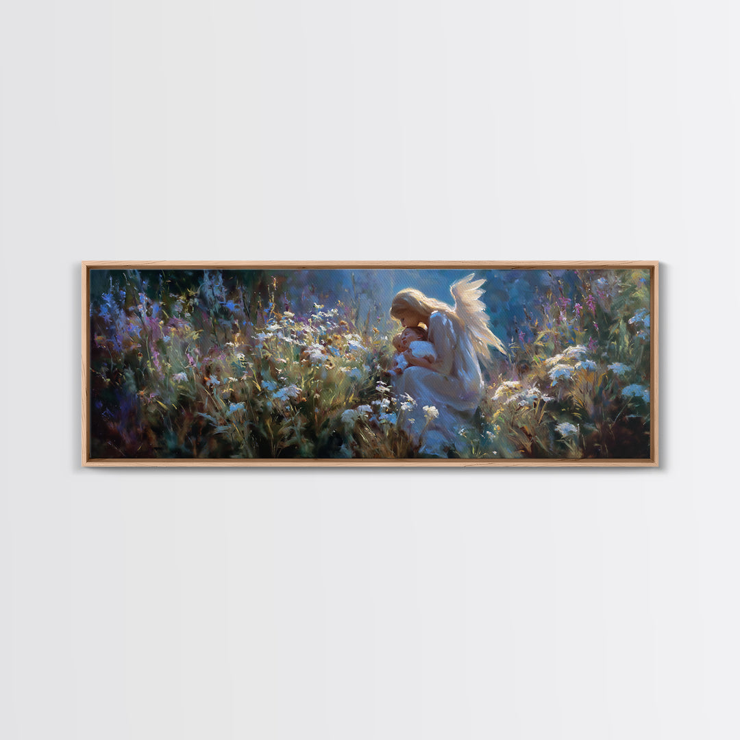 Angel Mother Holding Baby In Moonlit Flowers Wall Art, Spiritual Framed Canvas Print, Celestial Nursery Decor, Baptism Gift