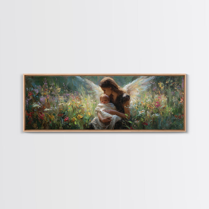 Guardian Angel Cradling Infant In Wildflower Meadow Wall Art, Celestial Canvas Print, Spiritual Nursery Decor, New Baby Gift