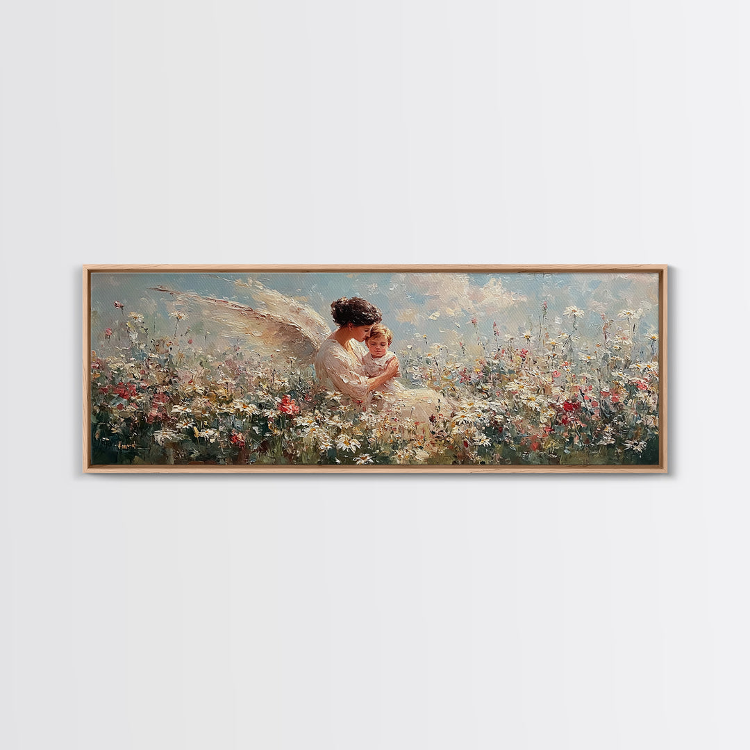 Angel Mother With Toddler In Daisy Meadow Wall Art, Panoramic Framed Canvas Print, Celestial Nursery Decor, Gift For Mom