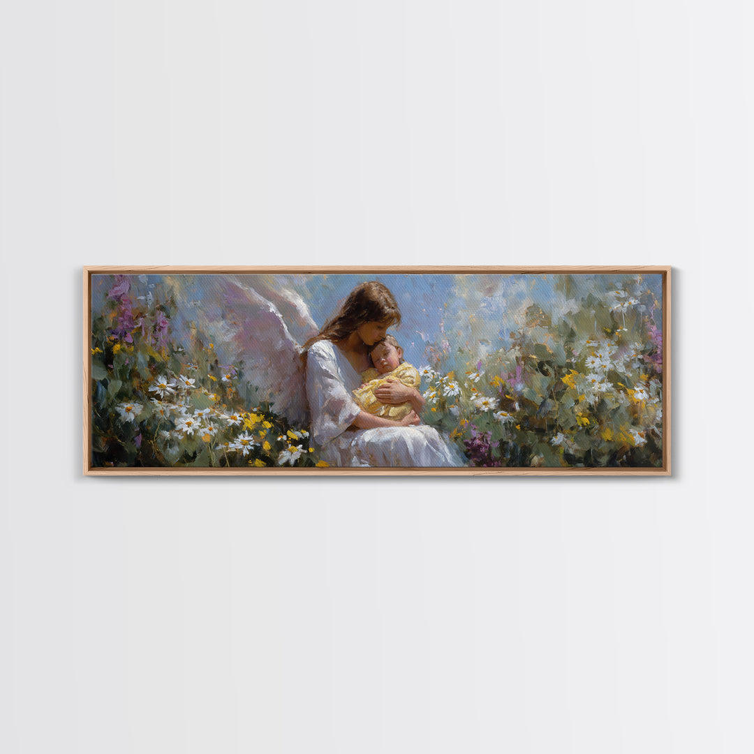 Serene Mother And Baby In Wildflower Meadow Framed Canvas Print, Angel Nursery Art, Christian Wall Art, Gift For Mom, Home Decor