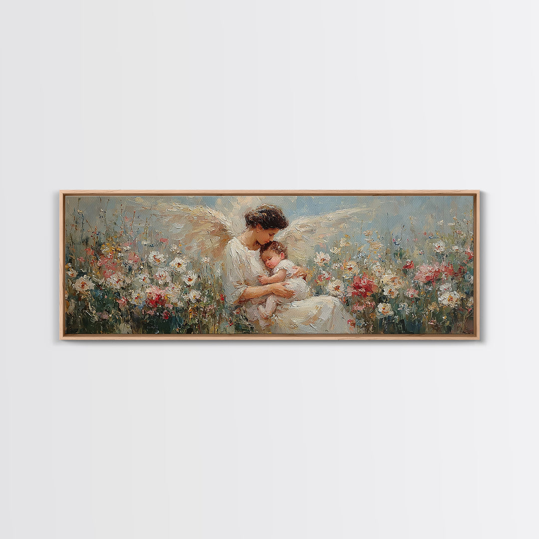 Tender Angel Mother Holding Baby In Flower Meadow Canvas Print, Christian Nursery Art, Mother's Day Gift, Peaceful Wall Art