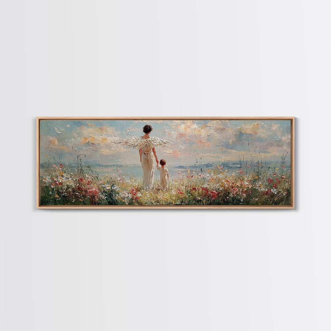 Angel Mother And Child Beside Ocean Meadow Large Wall Art, Coastal Christian Decor, Nursery Canvas Art, Housewarming Gift
