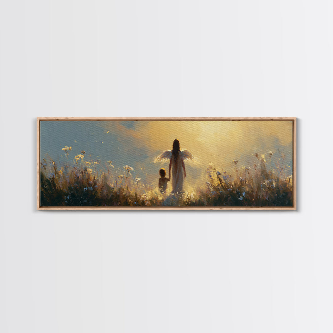 Golden Guardian Angel Walking With Child Through Meadow Canvas Print, Spiritual Wall Art, Nursery Decor, Gift For Mom, Home Decor
