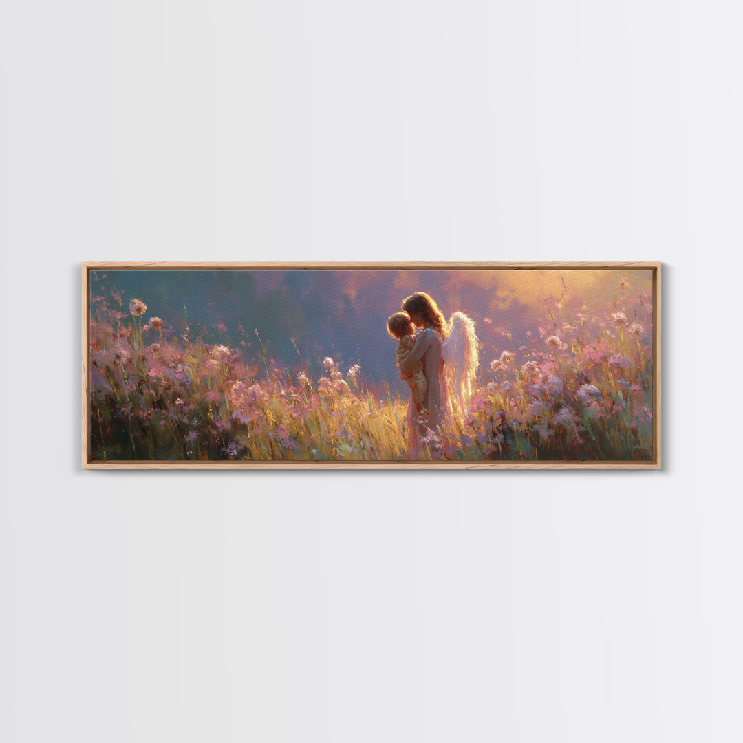 Glowing Angel Mother Cradling Child In Wildflower Meadow Framed Canvas Print, Christian Wall Art, Nursery Decor, Gift For Her