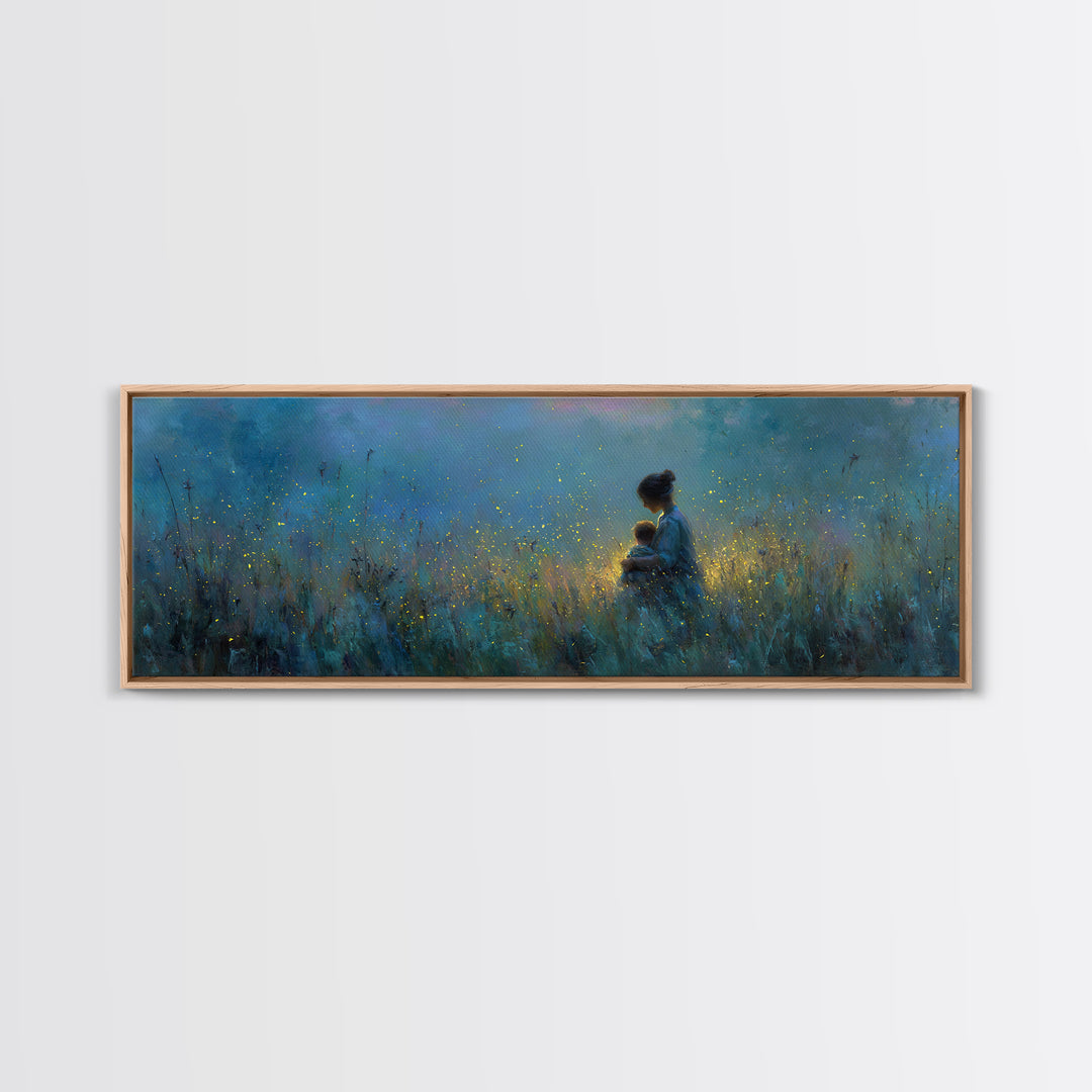 Twilight Mother Holding Baby Among Fireflies Canvas Print, Blue Nursery Wall Art, Calming Cozy Bedroom Decor, Gift For Mom