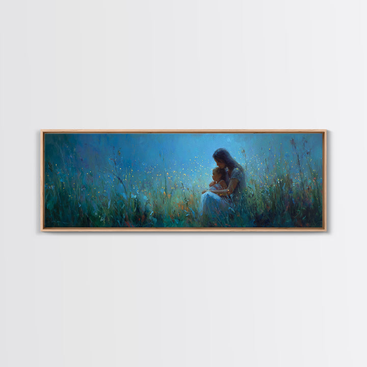 Moonlit Mother And Child Sitting In Blue Meadow Framed Canvas Print, Celestial Wall Art, Nursery Decor, Gift For Mom, Home Decor