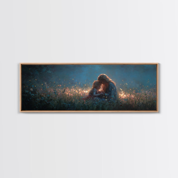 Twilight Mother And Child Wildflower Meadow Wall Art, Panoramic Canvas Print, Nursery Decor, Gift For Her, Above Bed Art