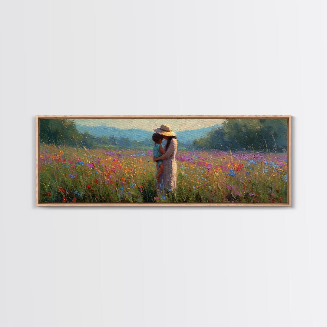Mother And Child Embracing In Summer Meadow Wall Art, Colorful Canvas Print, Boho Wall Decor, Housewarming Gift, Bedroom Art