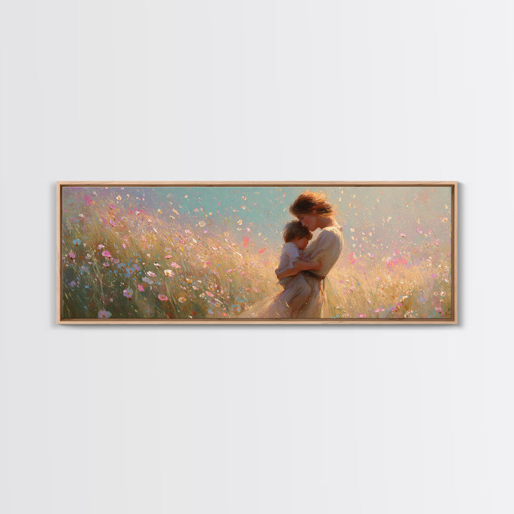 Golden Mother And Child In Pastel Wildflowers Canvas Print, Romantic Wall Art, Feminine Decor, Gift For Her, Above Bed Art