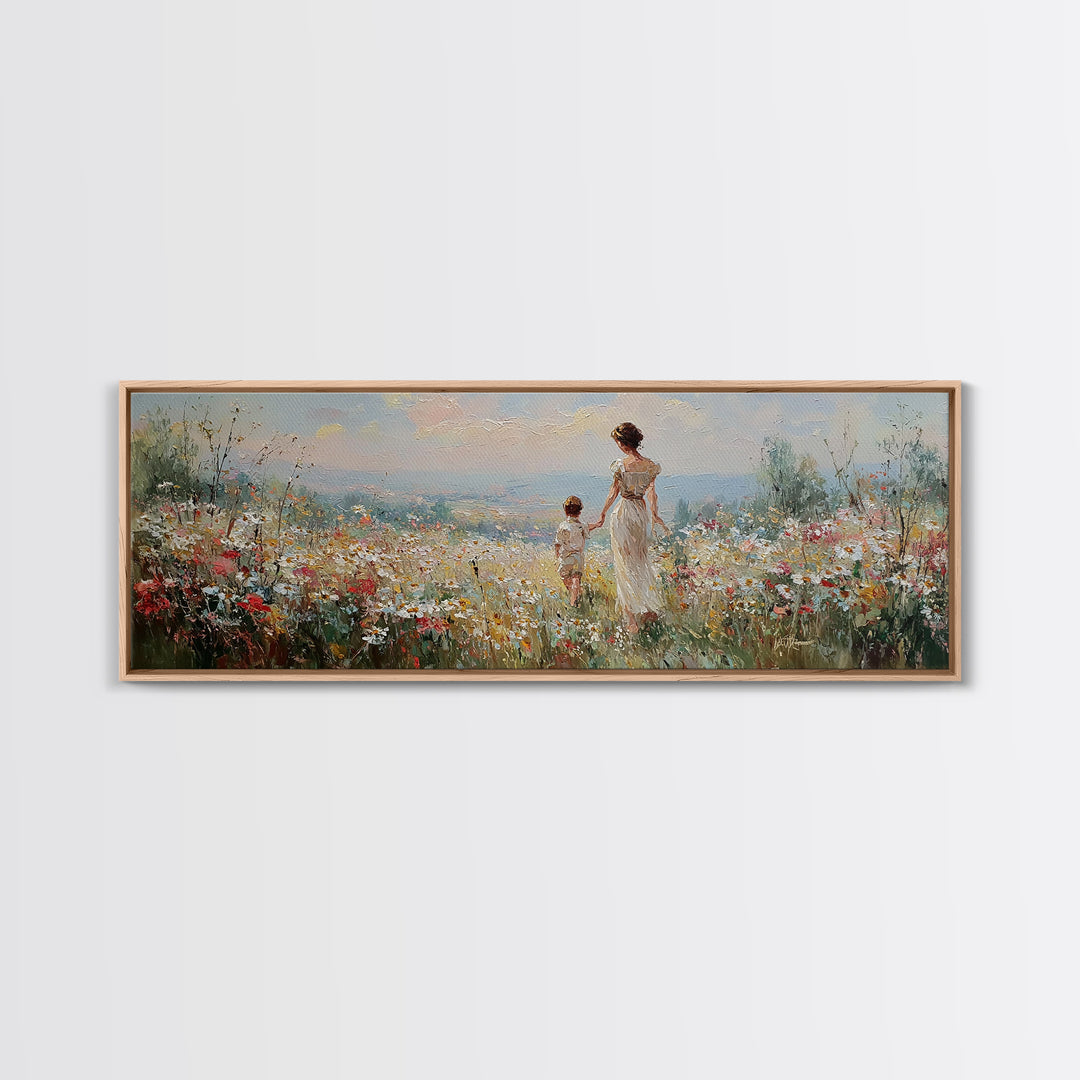 Mother And Child Walking Through Wildflower Meadow Wall Art, Panoramic Canvas Print, Coastal Decor, Nursery Art, Gift For Mom