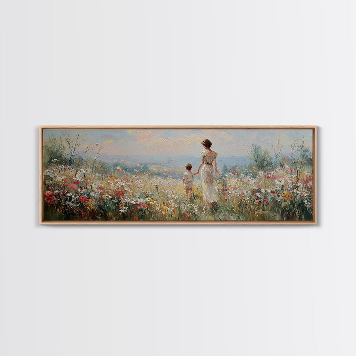 Mother And Child Walking Through Wildflower Meadow Wall Art, Panoramic Canvas Print, Coastal Decor, Nursery Art, Gift For Mom