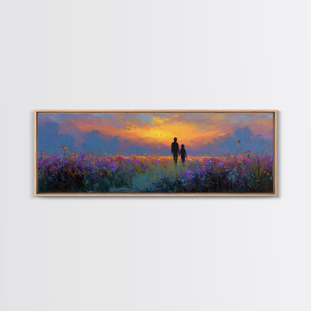 Father And Child Sunset Meadow Wall Art, Wildflower Landscape Canvas Print, Guardian Angel Gift, Nursery And Living Room Decor