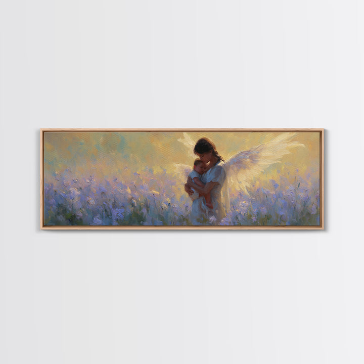 Guardian Angel Mother And Baby In Lavender Field Framed Canvas Print, Christian Wall Art, Nursery Decor, Gift For Mom, Home Decor