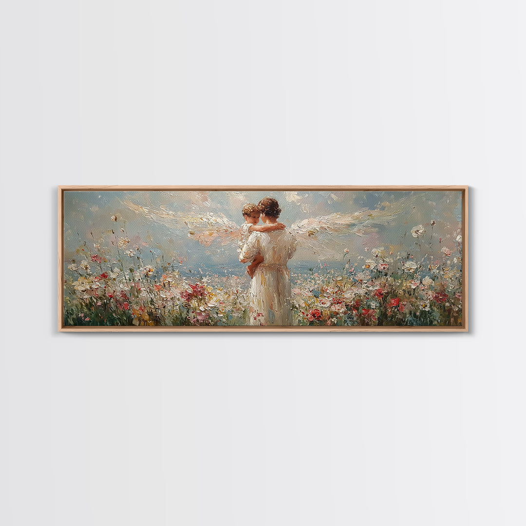 Angel Mother Embracing Child In Flower Garden Wall Art, Textured Oil Painting Framed Canvas Print, Christian Home Decor Gift