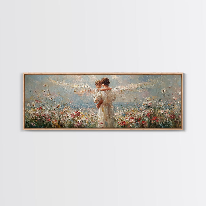 Angel Mother Embracing Child In Flower Garden Wall Art, Textured Oil Painting Framed Canvas Print, Christian Home Decor Gift