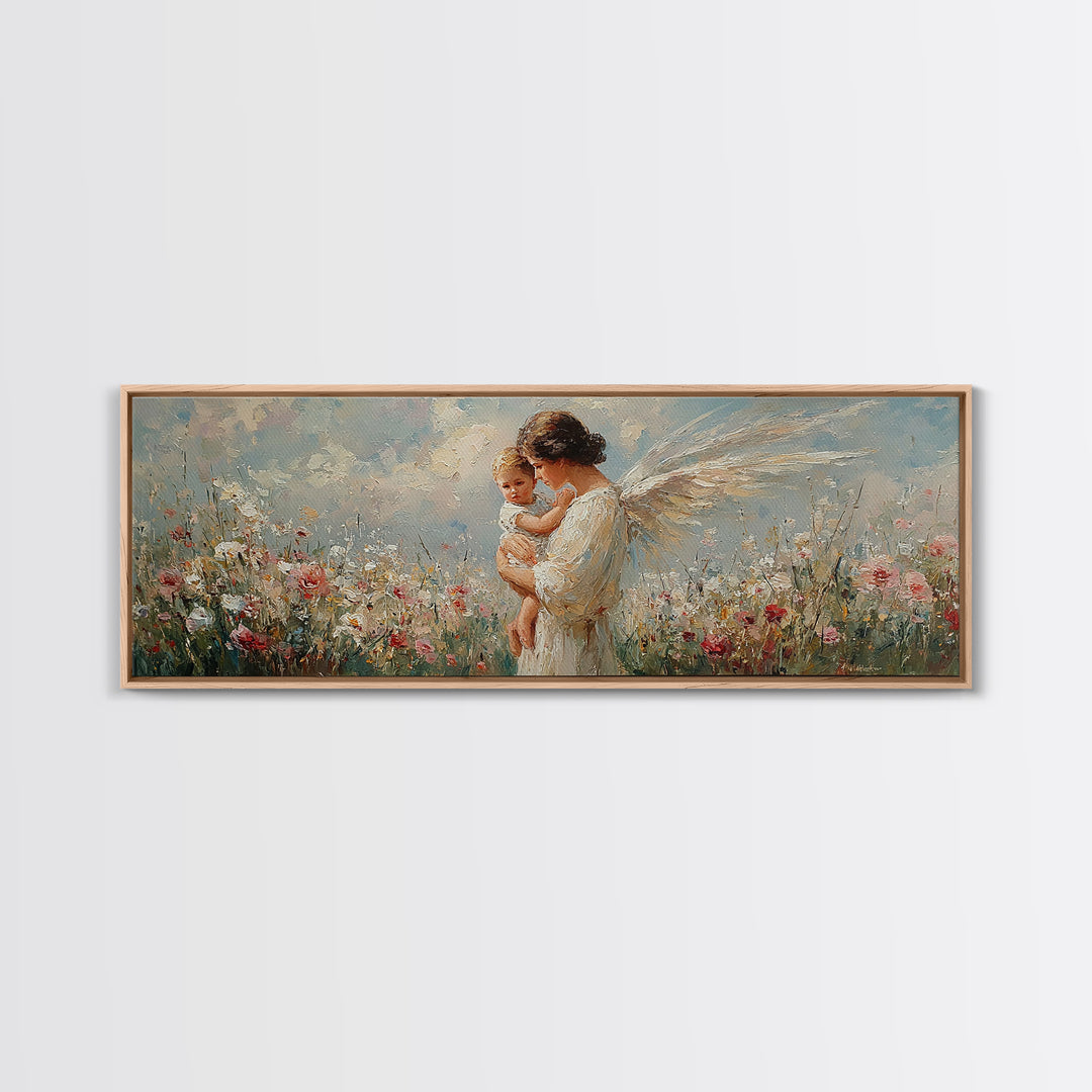 Angel Mother Holding Baby In Floral Meadow Canvas Print, Christian Wall Art, Guardian Angel Nursery Decor, Gift For Mom And Baby Shower Gift