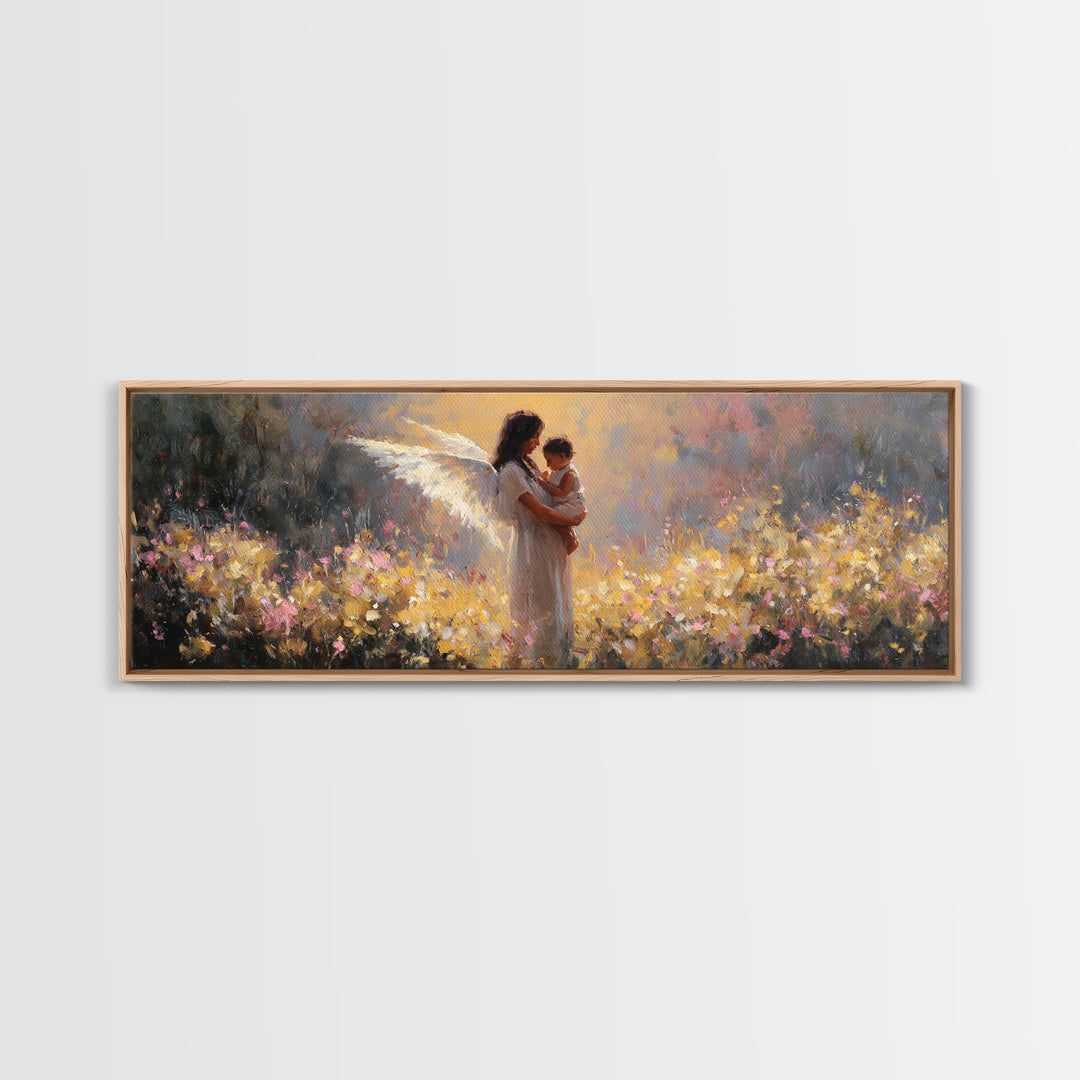 Glowing Angel Mother And Child In Flower Field Wall Art, Impressionist Framed Canvas Print, Christian Nursery Decor Gift