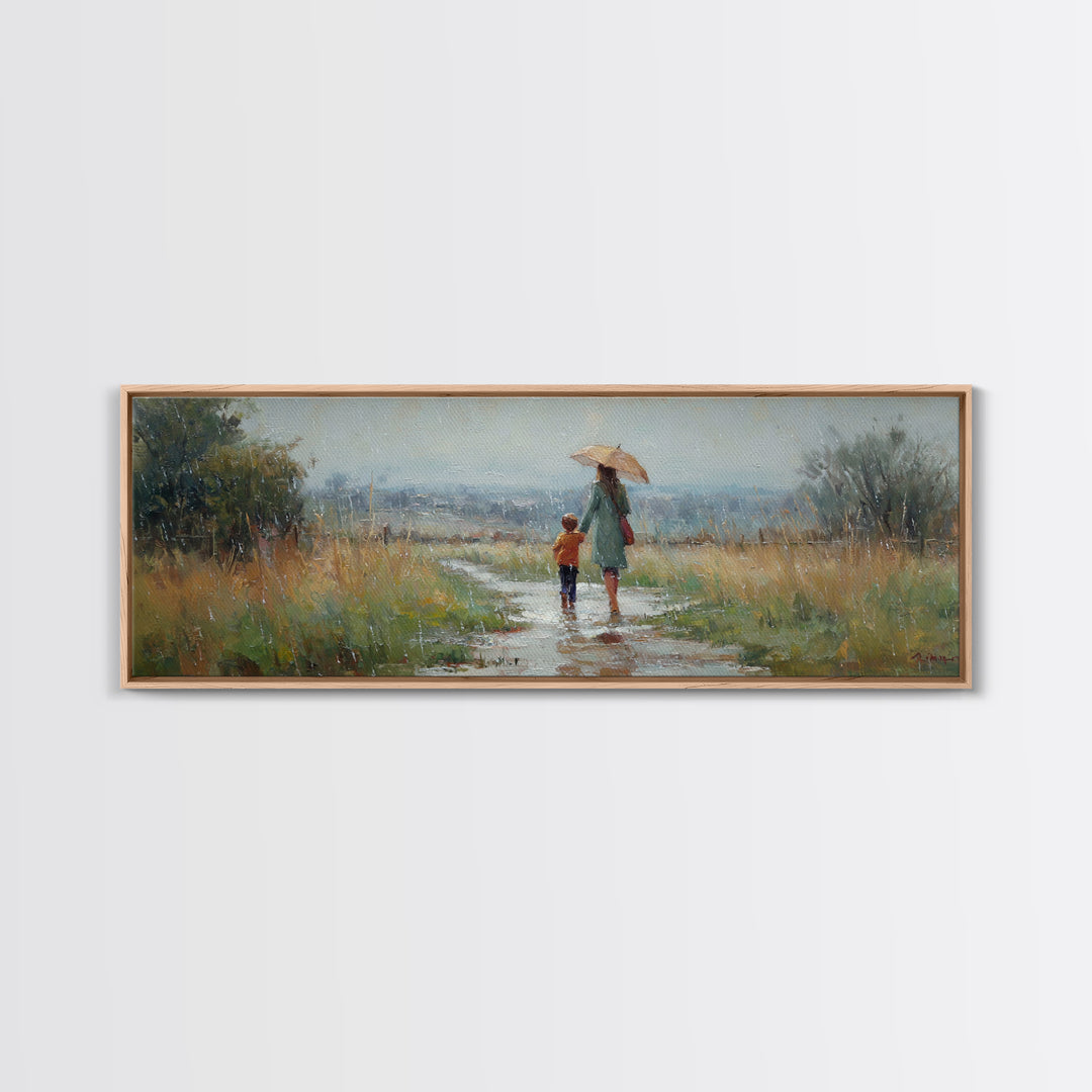 Mother And Child Walking In Rain Wall Art, Umbrella Country Path Landscape Canvas Print, Rustic Farmhouse Home Decor Gift