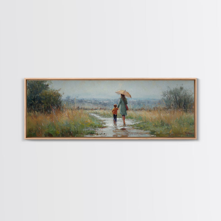 Mother And Child Walking In Rain Wall Art, Umbrella Country Path Landscape Canvas Print, Rustic Farmhouse Home Decor Gift