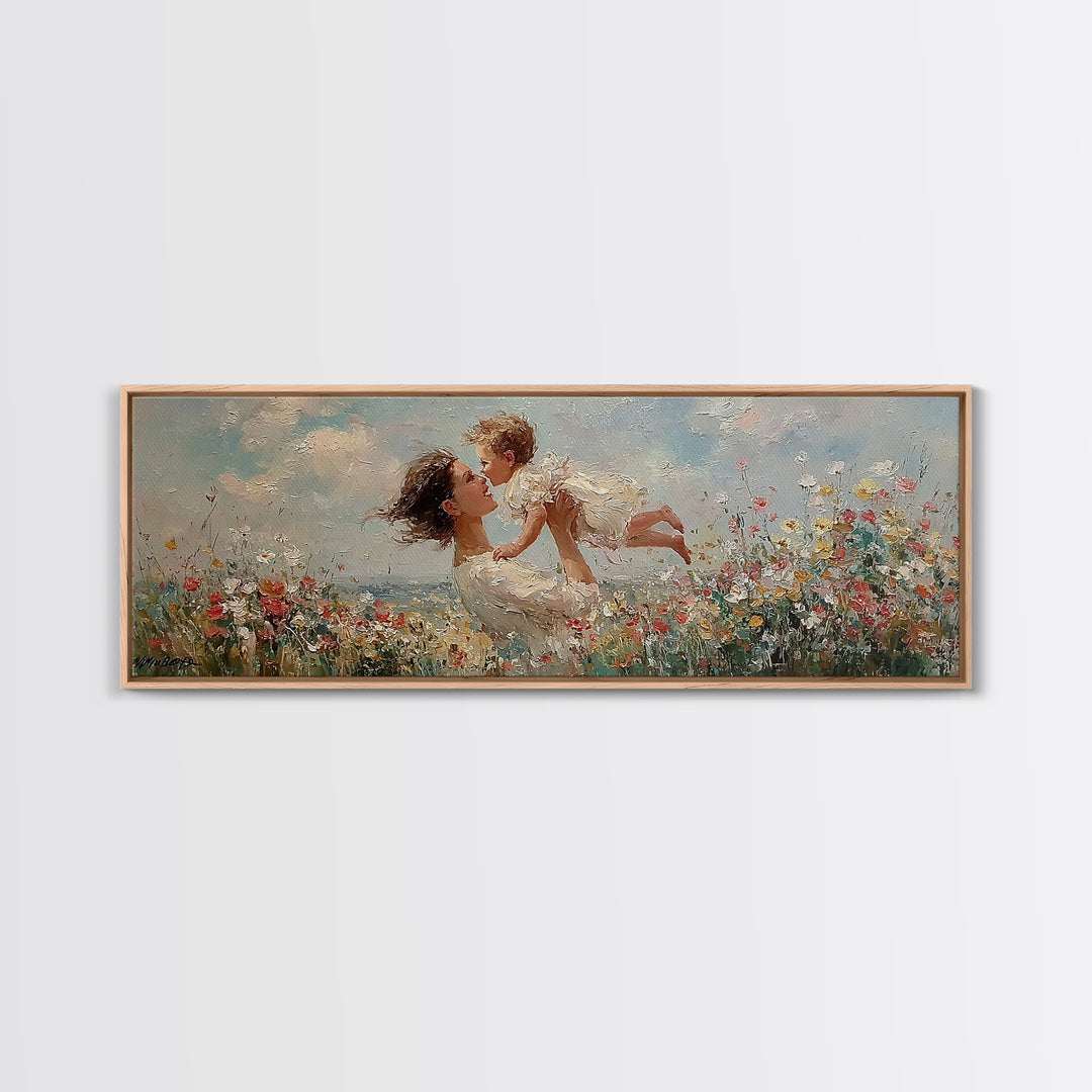 Mother And Baby In Wildflower Meadow Framed Canvas Print, Impressionist Nursery Wall Art, Gift For Mom, Bedroom Wall Decor