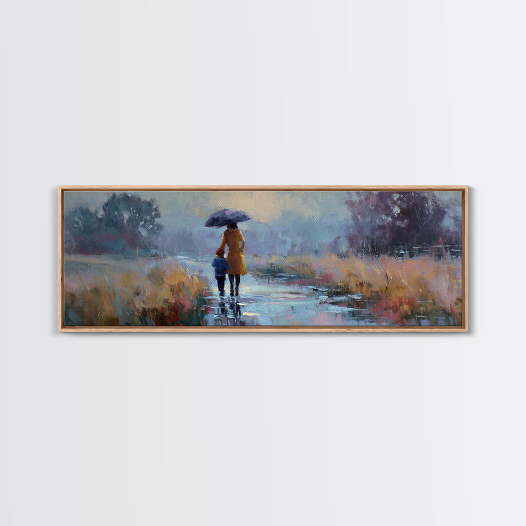 Mother And Child Walking In Rain With Blue Umbrella Framed Canvas Print, Moody Landscape Wall Art, Office Decor, Housewarming Gift