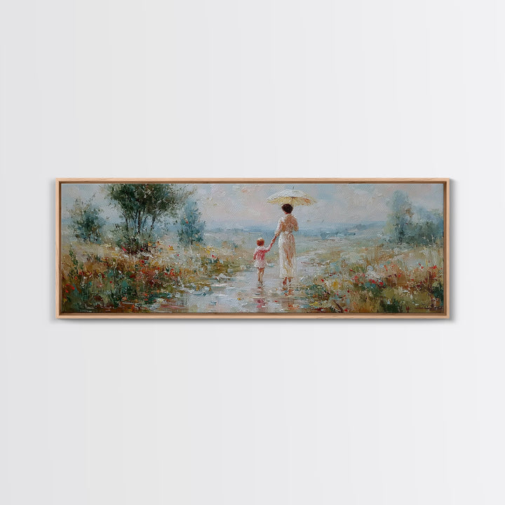 Mother And Child Strolling With Parasol In Misty Meadow Canvas Print, Impressionist Wall Art, Nursery Decor, Housewarming Gift