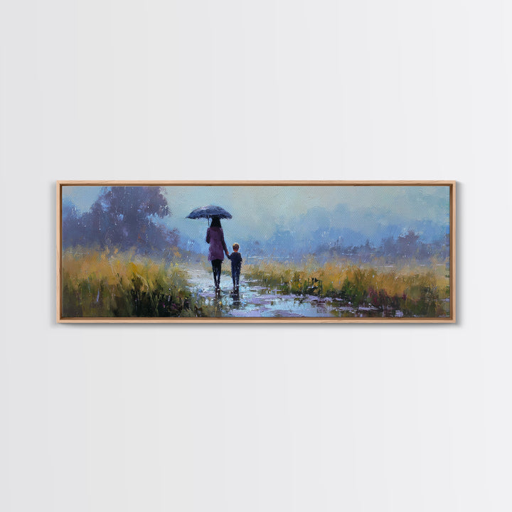 Mother And Son Under Blue Umbrella On Rainy Path Framed Canvas Print, Moody Landscape Wall Art, Bedroom Decor, Gift For Her
