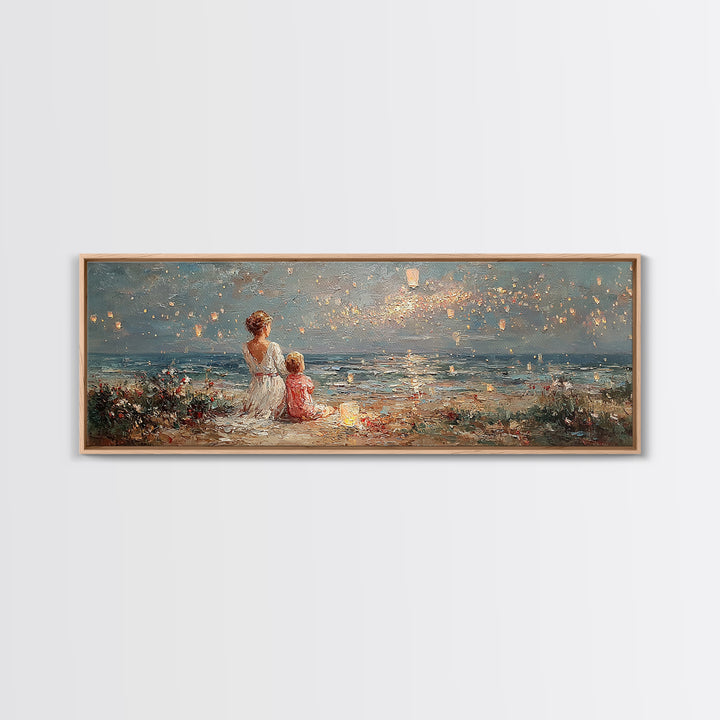 Mother And Child By Ocean Sunset Wall Art, Coastal Seascape Canvas Print, Nursery Decor, Living Room Decor, Gift For Mom, Home Decor
