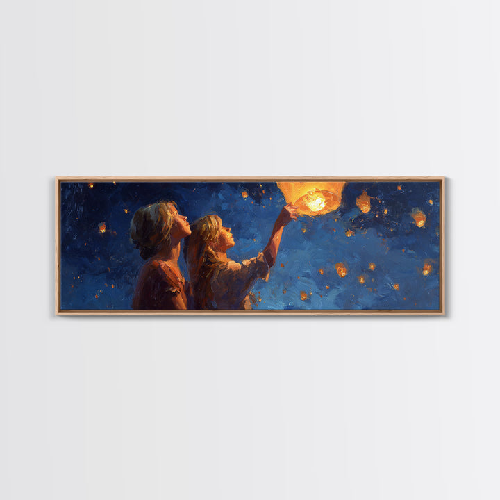 Girls Releasing Lanterns At Starry Night Canvas Print, Celestial Wall Art, Whimsical Decor, Bedroom Decor, Gift For Her, Home Decor