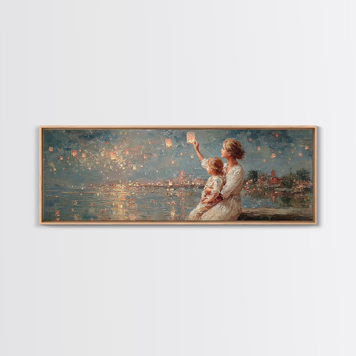 Mother And Baby Lantern Festival Framed Canvas Print, Coastal Wall Art, Romantic Decor, Nursery Art, Housewarming Gift For Her