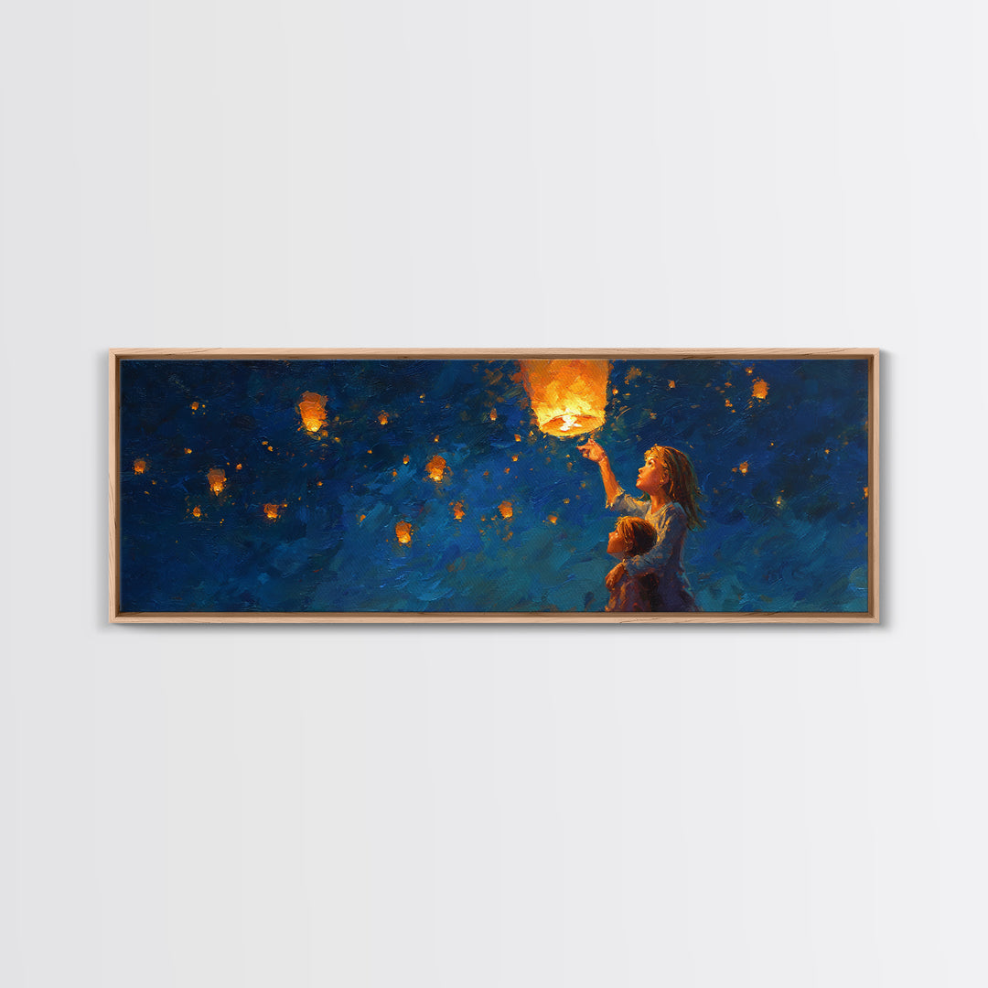Children Lifting Glowing Sky Lantern Canvas Print, Celestial Wall Art, Kids Room Decor, Whimsical Decor, Nursery Art, Gift For Kids