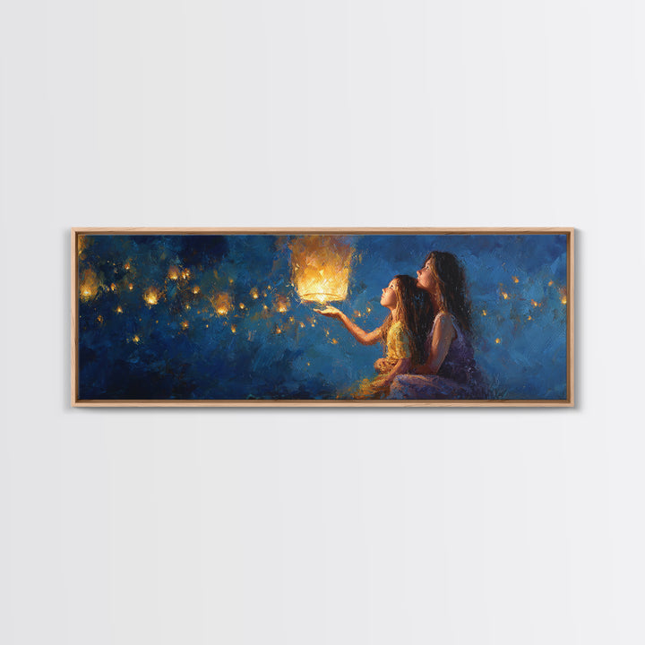 Sisters Holding Lantern Under Blue Night Wall Art, Celestial Canvas Print, Whimsical Decor, Bedroom Wall Art, Gift For Her
