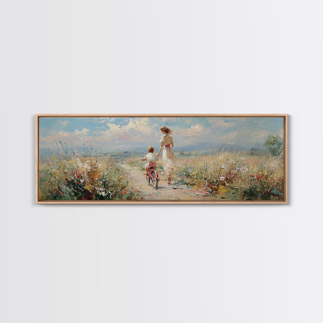 Windy Coastal Bike Ride With Child Canvas Print, Wildflower Meadow Wall Decor, Beach House Decor, Large Horizontal Art Print