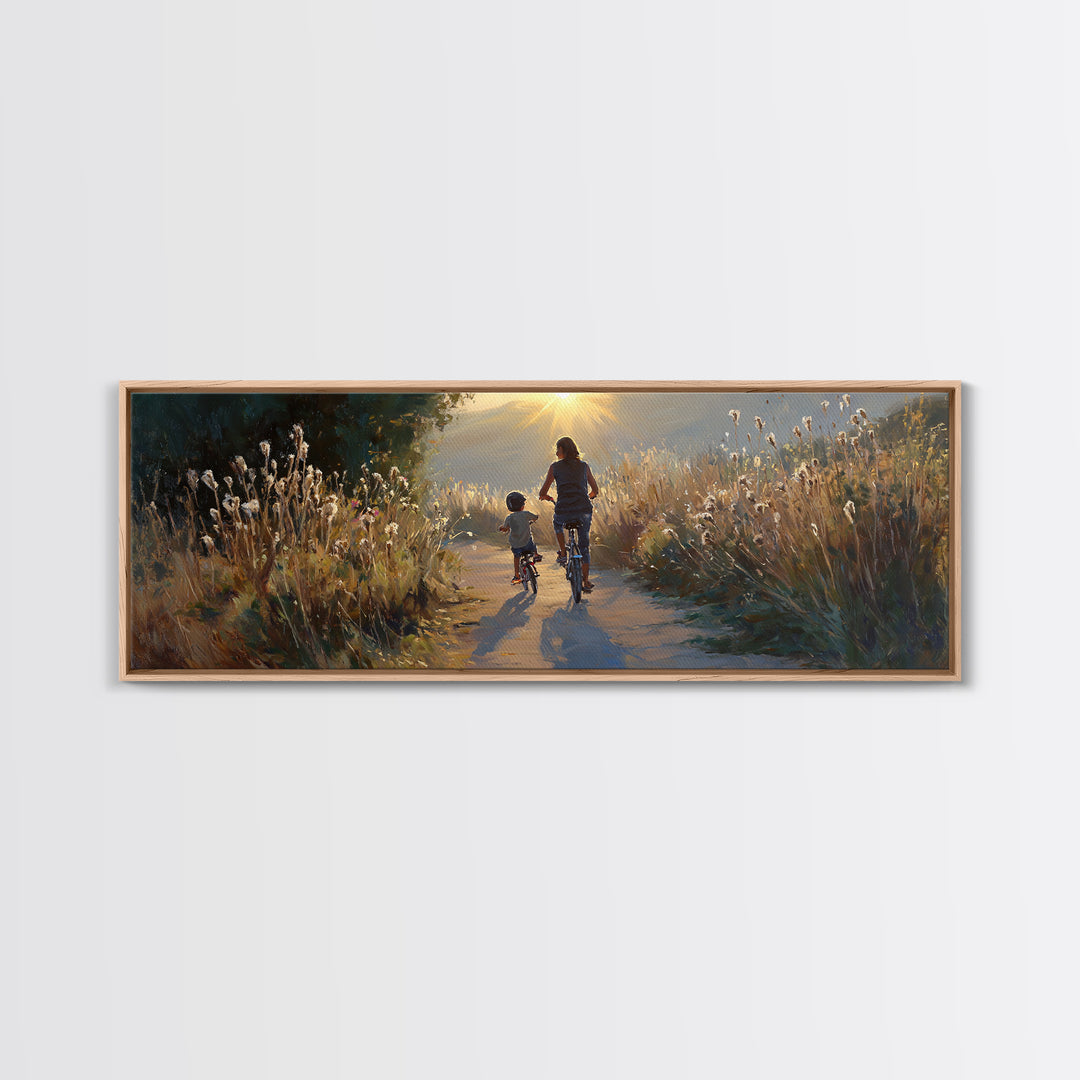 Sunlit Mother And Child Biking Path Framed Canvas Print, Golden Meadow Landscape, Living Room Wall Art, Housewarming Gift