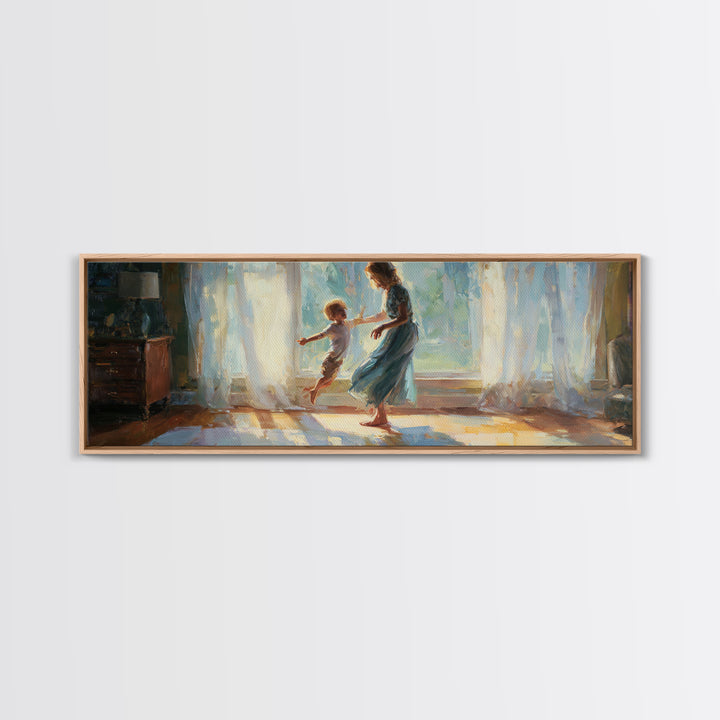 Mother And Child Dancing In Sunlit Room Canvas Print, Warm Window Light, Family Wall Decor, Bedroom Art, Gift For Her, Home Decor