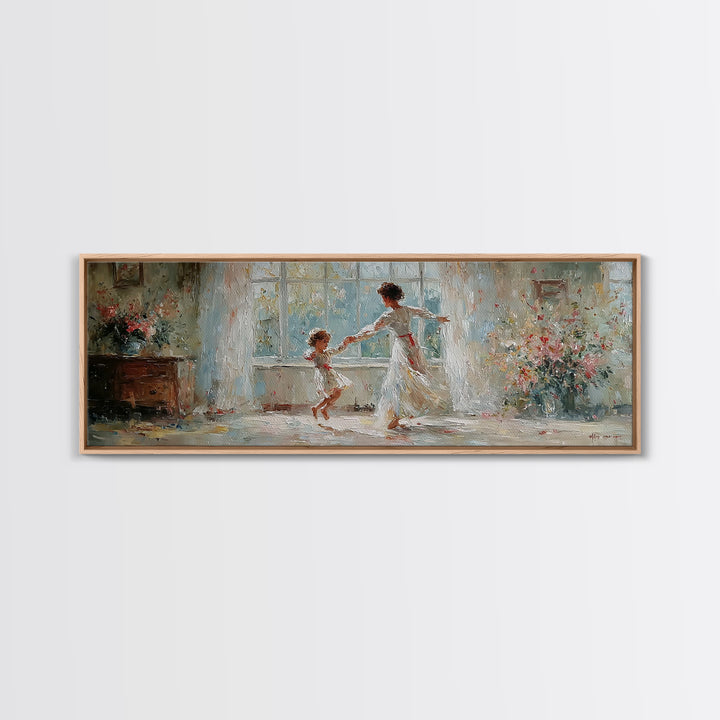Mother And Daughter Dancing In White Dress Wall Art, Floral Window Interior, Feminine Wall Decor, Fine Art Print, Bedroom Decor