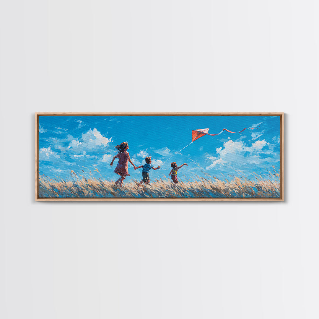 Children Flying Red Kite In Sunny Meadow Wall Art, Whimsical Nursery Decor, Kids Room Art, Summer Landscape Print, Home Decor