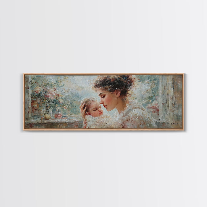 Mother Cuddling Sleeping Baby Near Window Wall Art, Impressionist Motherhood Canvas Print, Floral Nursery Decor, Gift For Mom