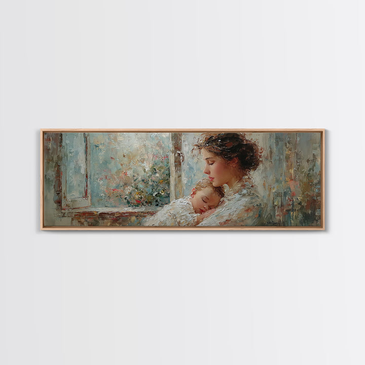 Mother Holding Sleeping Baby By Floral Window Framed Canvas Print, Tender Nursery Wall Art, Motherhood Decor, Gift For Mom