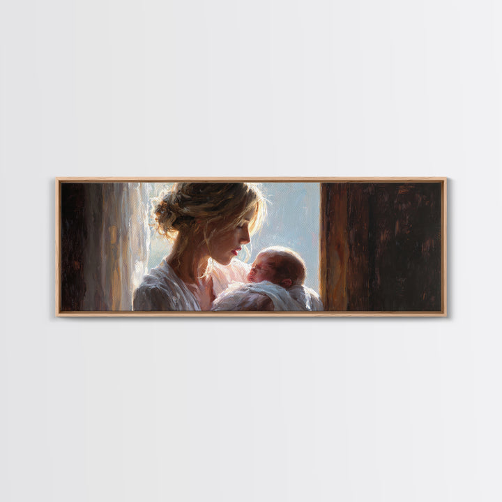 Mother Cradling Newborn In Golden Window Light Wall Art, Tender Motherhood Canvas Print, Baby Nursery Decor, Gift For Mom