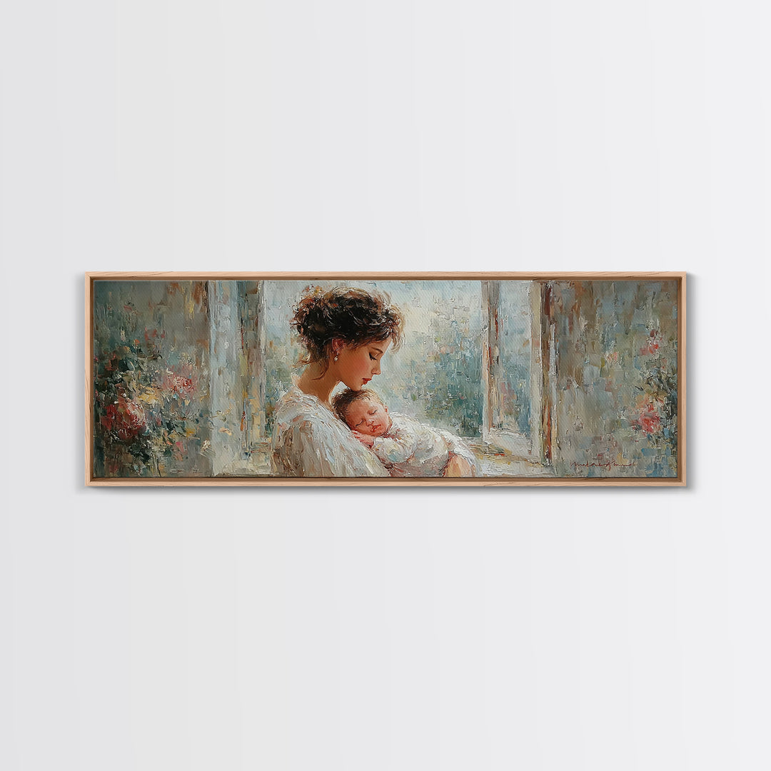 Mother And Sleeping Baby In Floral Window Canvas Print, Soft Motherhood Wall Art, Nursery Decor, Gift For Mom, Fine Art Print