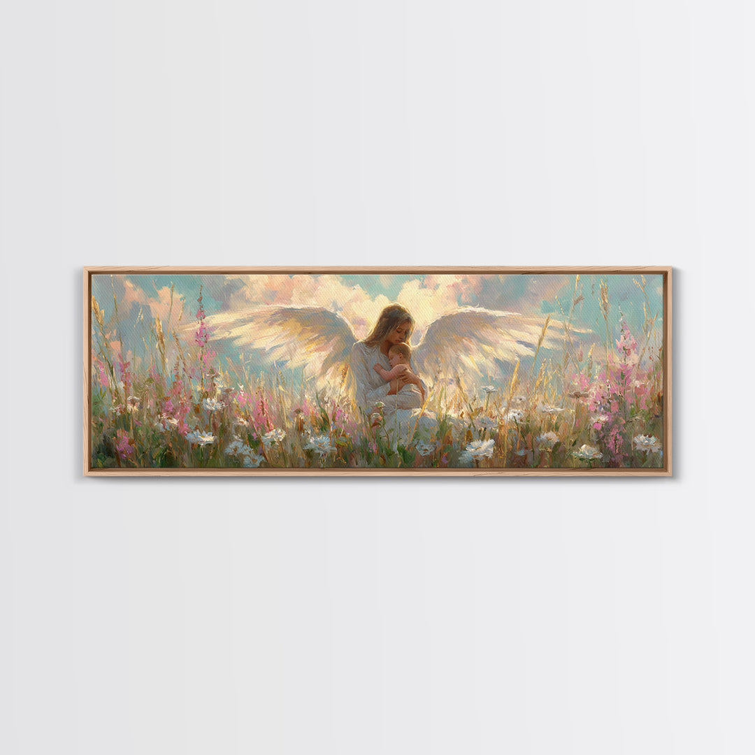 Angel Mother And Child In Wildflower Meadow Wall Art, Christian Nursery Decor, Feminine Spiritual Gift For Her, Living Room Decor