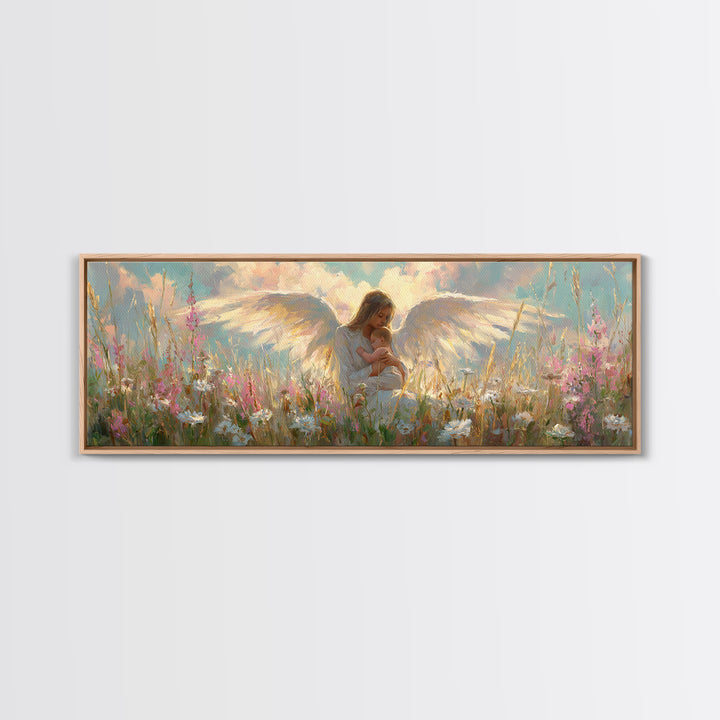 Angel Mother And Child In Wildflower Meadow Wall Art, Christian Nursery Decor, Feminine Spiritual Gift For Her, Living Room Decor