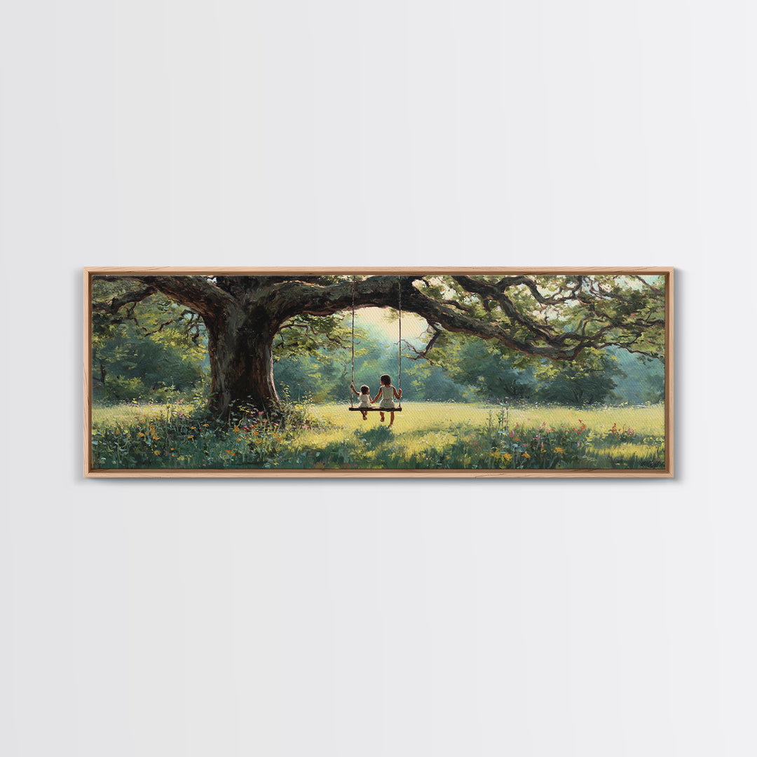 Children On Tree Swing Beneath Ancient Oak Wall Art, Whimsical Nursery Decor, Woodland Kids Room Art, Housewarming Gift Idea