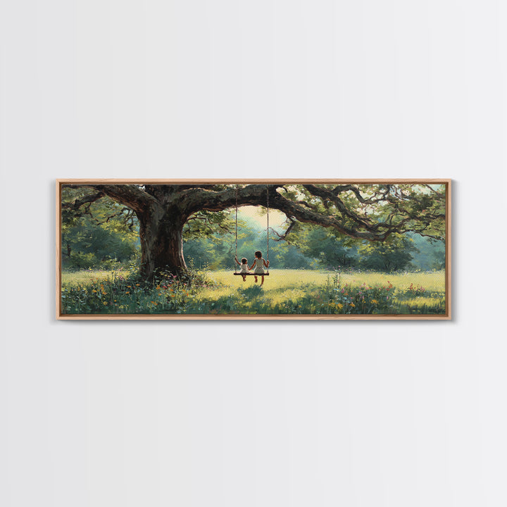 Children On Tree Swing Beneath Ancient Oak Wall Art, Whimsical Nursery Decor, Woodland Kids Room Art, Housewarming Gift Idea
