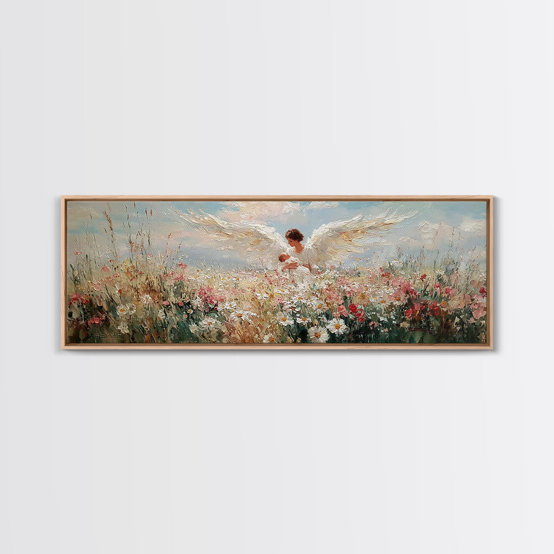 Angel Mother Holding Baby In Floral Meadow Framed Canvas Print, Christian Wall Art, Spiritual Nursery Decor, Gift For Her