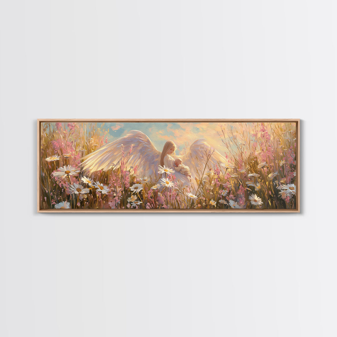 Guardian Angel Cradling Baby In Daisy Field Canvas Print, Christian Nursery Wall Art, Feminine Spiritual Home Decor, Gift For Her