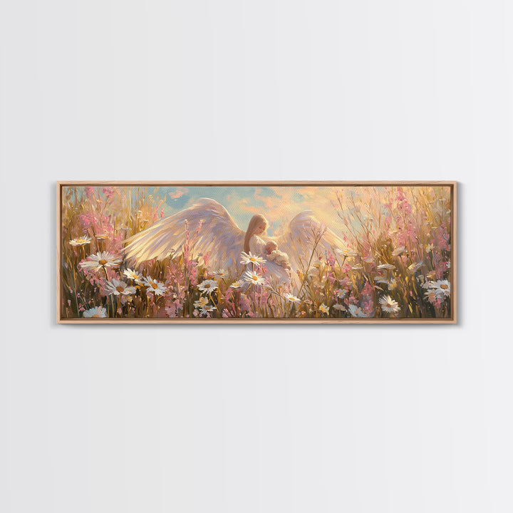 Guardian Angel Cradling Baby In Daisy Field Canvas Print, Christian Nursery Wall Art, Feminine Spiritual Home Decor, Gift For Her